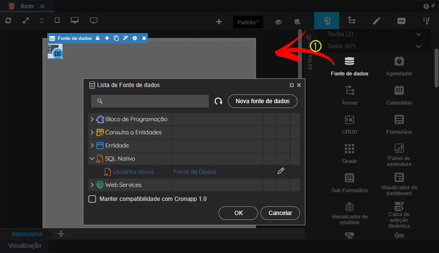 A plataforma Cronapp permite a adição de uma fonte de dados a um formulário no editor de views. Após abrir o formulário desejado, à direita do editor encontra-se um painel que lista os diversos componentes disponíveis para uso no formulário, incluindo o componente Fonte de dados. Para o inseri-lo em uma view  ou a um componente visual , basta arrasta-lo até a área de edição do formulário. Assim que o componente fonte de dados for adicionado, a janela Lista de Fonte de dados será exibida automaticamente, permitindo que o usuário selecione a fonte de dados desejada. As opções de fontes de dados disponíveis incluem diferentes tipos, como Bloco de Programação, Consulta a Entidades, Entidade, SQL Nativo e Web Services. Clicando na seta ao lado de cada tipo, as fontes de dados correspondentes são exibidas para escolha. Após selecionar a fonte de dados desejada e clicar no botão OK, localizado na parte inferior da janela Lista de Fonte de dados, a fonte será automaticamente vinculada ao componente, tornando-a disponível para interação no formulário.