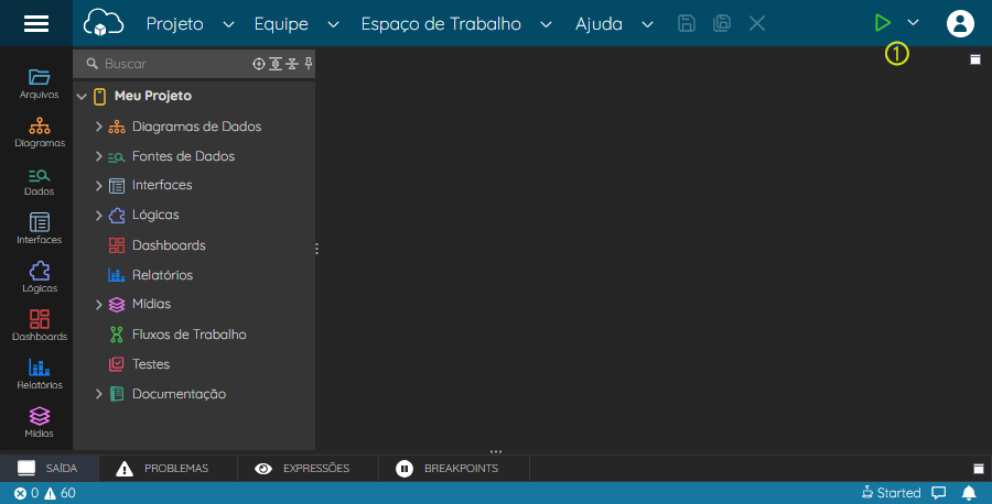 Para executar um projeto no Cronapp, basta clicar no botão de play localizado no canto direito do menu superior, ao lado esquedo do ícone de perfil do usuário, e aguardar enquanto o projeto é inicializado.