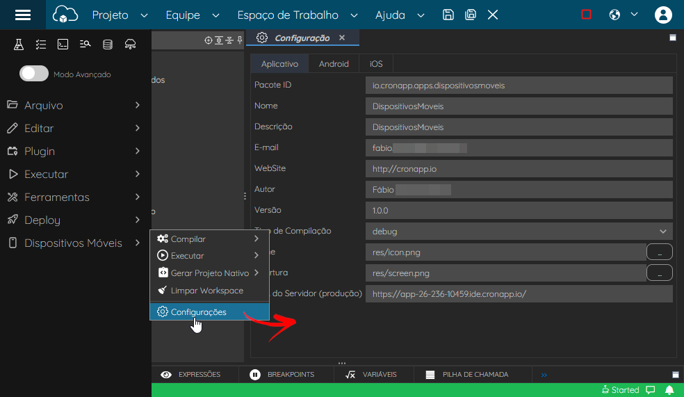 A janela de configurações mobile oferece quatro abas com propriedades para incluir informações e permitir a exportação ou compilação do projeto mobile, aplicativo, android, iOS e PWA. Para acessá-la, clique no menu do sistema, localizado no canto superior esquerdo da IDE, em seguida, acesse a opção Dispositivos Móveis e, por fim,  clique em configurações para abrir a janela de configuração. Nesta janela, a aba Aplicativo permite inserir dados sobre o aplicativo, como nome, descrição, e-mail e URL do servidor. A aba iOS possibilita configurar o certificado e a assinatura digital da aplicação. Já a aba Android é responsável pelas informações e configurações necessárias para compilar o projeto nesse sistema, incluindo assinaturas digitais e certificados. A aba PWA estará disponível apenas após a instalação do plugin Cronapp PWA.