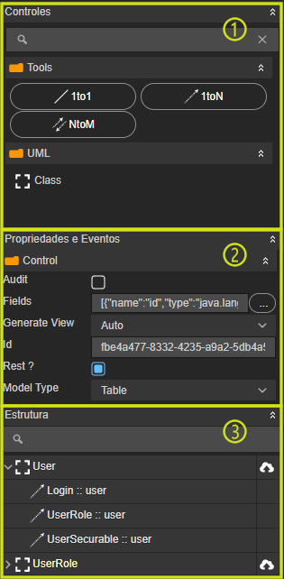 Ao abrir um diagrama de dados na árvore de diretórios do Cronapp, você pode visualizar as diferentes classes associadas a esse diagrama. No menu lateral à direita da tela, estão disponíveis várias ferramentas para a criação e edição de classes. Na parte superior desse menu, encontra-se a aba Controles, seguida pelas abas Propriedades e Eventos e, por fim, Estrutura. Para adicionar uma nova classe ao diagrama, acesse a aba Controles, navegue até o submenu UML e arraste o componente Class para a área de edição. Após adicionar a classe, clique duas vezes sobre ela para abrir a janela de configuração, onde é possível definir o nome e os atributos da classe.