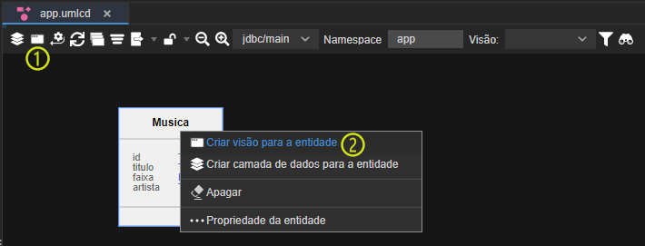 Há duas maneiras de gerar uma página CRUD por meio do diagrama de dados. A primeira é pelo Assistente de View para Diagrama, localizado na parte superior da janela do Diagrama, e a segunda pela opção Criar Visão para Entidade, acessível no menu de contexto de uma classe. Ambas abrem um assistente, com a diferença de que a primeira permite criar formulários CRUD para uma ou mais entidades do diagrama, enquanto a segunda é restrita à entidade selecionada.