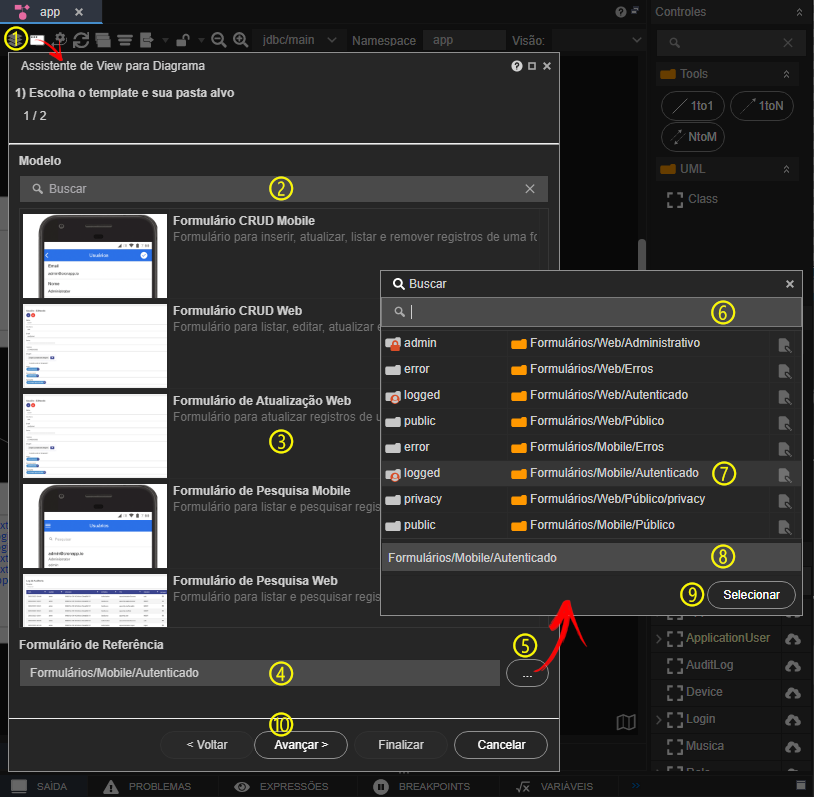 Ao escolher o Assistente de View para Diagrama, uma janela com o mesmo nome será exibida, contendo um campo de busca para facilitar a pesquisa pelo modelo desejado. Há uma lista de modelos para formulários web e mobile, categorizados em formulários CRUD e de pesquisa, além de um campo para especificar o endereço onde os formulários CRUD serão criados. O nome do arquivo final será gerado automaticamente com o nome da entidade escolhida e não pode ser alterado. A opção Criar Visão para Entidade exibe o Assistente de View para Entidade, semelhante ao primeiro, mas com a possibilidade de personalizar o nome do arquivo final. Após escolher o modelo desejado, clique em Avançar para selecionar os campos da grade que serão exibidos no CRUD. Avance novamente para escolher os campos dos formulários de inserção e atualização de dados.