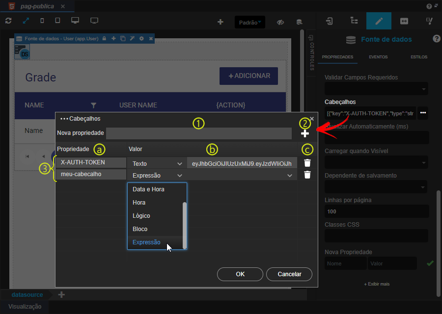 Para configurar a propriedade Cabeçalhos de um componente fonte de dados, em um formulário no editor de view, clique sobre o componente fonte de dados adicionado à área de edição do formulário. No painel de propriedades, exibido à direita do editor, na propriedade Cabeçalhos, clique no botão com ícone de três pontos ao lado para abrir a janela Cabeçalhos. Na janela apresentada, adicione o nome do cabeçalho no campo Nova propriedade e clique no botão com ícone de adição para adicioná-lo à lista de cabeçalhos e, em seguida, configure o seu valor. Por fim, clique no botão OK na parte inferior da janela.