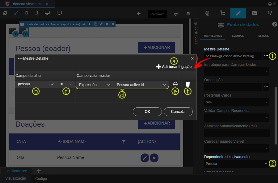 Em um formulário no Editor de views da plataforma Cronapp, ao inserir o componente fonte de dados na área de edição ou a um componente visual, suas propriedades ficam disponíveis no painel à direita, que oferece diversas opções de configuração para o componente. Entre elas, a propriedade Mestre Detalhe permite fazer a comunicação entre 2 fontes de dados, normalmente vinculadas a 2 entidade diferentes, mas que possuem relacionamento 1 para N ou Mestre para Detalhe. Para configurar essa propriedade, clique sobre o componente fonte de dados na área de edição do formulário e no painel de propriedades, exibido ao lado direito, na propriedade Mestre Detalhe clique no botão com ícone de três pontos para abrir a janela Mestre Detalhe. Em seguida, na janela em exibição, clique no botão Adicionar Ligação, para configurar o Campo detalhe e Campo valor master. Por fim, clique no botão OK, na parte inferior da janela.