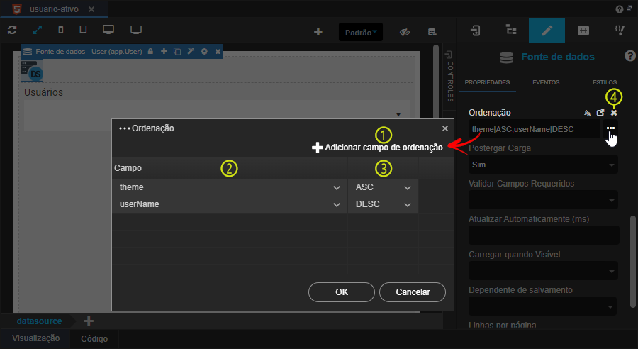 Em um formulário no Editor de views da plataforma Cronapp, ao inserir o componente fonte de dados na área de edição, suas propriedades ficam disponíveis no painel à direita, que oferece diversas opções de configuração para o componente. Para definir como os dados da fonte serão ordenados a partir de um ou mais campos, acesse no painel de propriedades, a propriedade Ordenação e clique no ícone de três pontos. Isso abrirá a janela Ordenação, para configurar os campos clique no botão Adicionar campo de ordenação, na parte superior da janela. Em seguida, uma caixa de seleção será exibida para selecionar um campo da fonte de dados. Após escolher o campo, selecione ao lado se a ordenação será ASCendente ou DESCendente. Por fim, clique no botão OK, na parte inferior da janela.