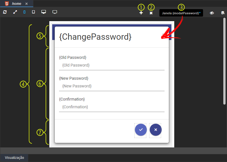 No editor de views do Cronapp, para criar uma janela modal, que é uma pequena janela sobreposta à tela principal, basta clicar no ícone de adição localizado na parte superior do formulário. Para remover uma janela modal, clique no botão de ícone de x, também localizado na parte superior do formulário. Para alternar entre as janelas modais criadas, utilize a caixa de seleção ao lado desses botões e escolha a modal desejada.